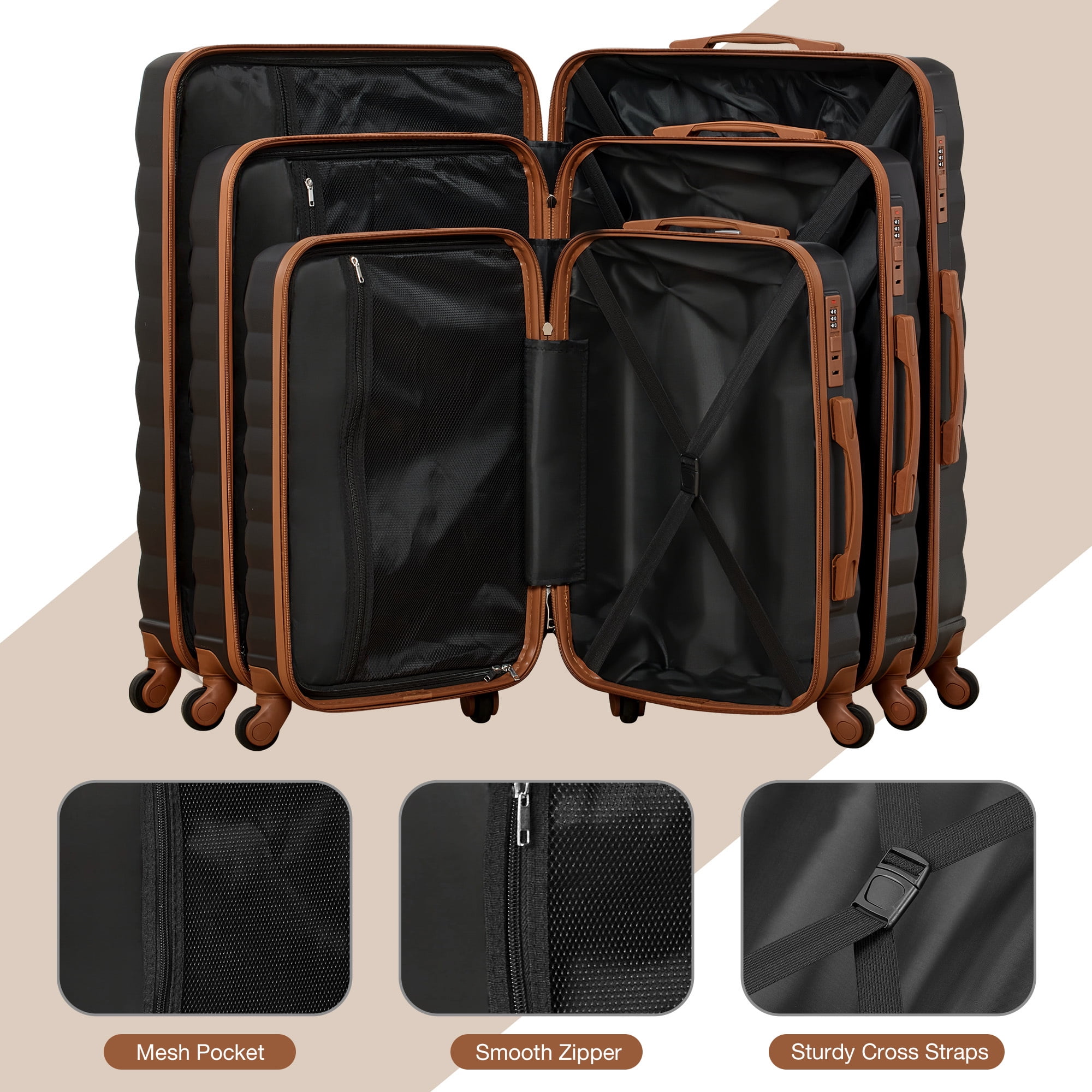 9 Piece Luggage Sets, Hard 20 24 28 inch Luggage with 6 Pieces Organize Bags Travel Suitcases Sets with Wheels, Black&Brown