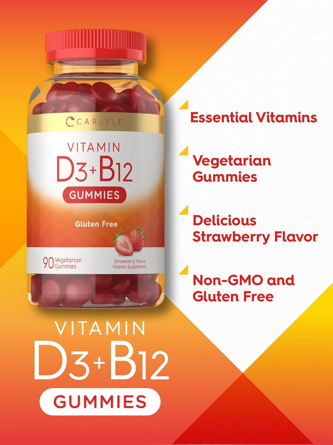 Vitamin D3 + B12 Complex | 90 Vegetarian Gummies | Strawberry Flavor | by Carlyle