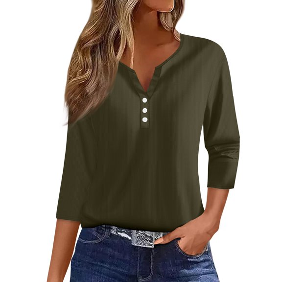 WTOBBY Women's Solid Color Henley Style Top Ribbed Knit 3/4 Sleeve Tunic Button Detail V-Neck T-Shirt Essential Casual Wardrobe Piece,Army Green L