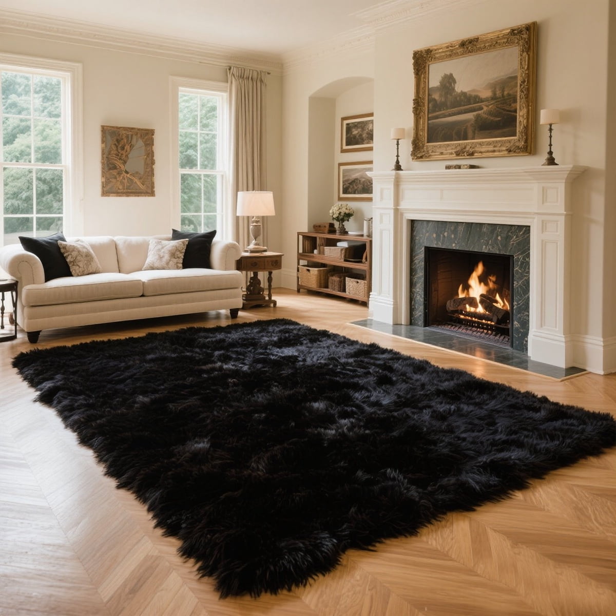 Area Rugs for Living Room Bedroom, 5ft x 8ft Soft Fluffy Shag Indoor Floor Carpet for Living Room Bedroom Dining Room Office Home Decor, Black