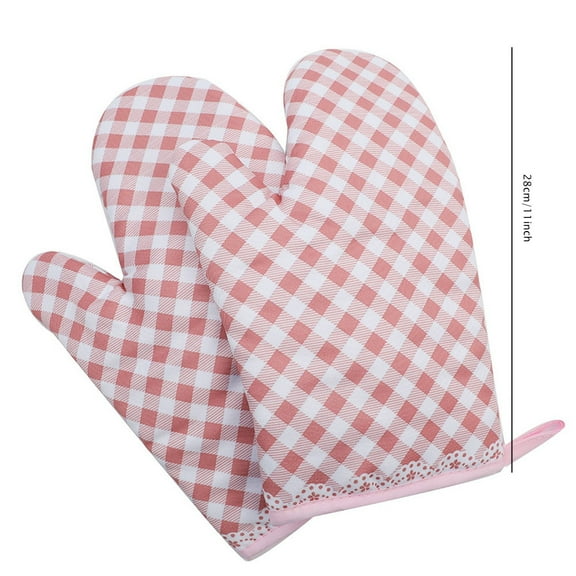 JeashCHAT Oven Mitt Set, 2 Piece Pink Checkered Microwave Oven Mitts Heat Resistant Thicken Kitchen Cotton Oven Gloves for Cooking