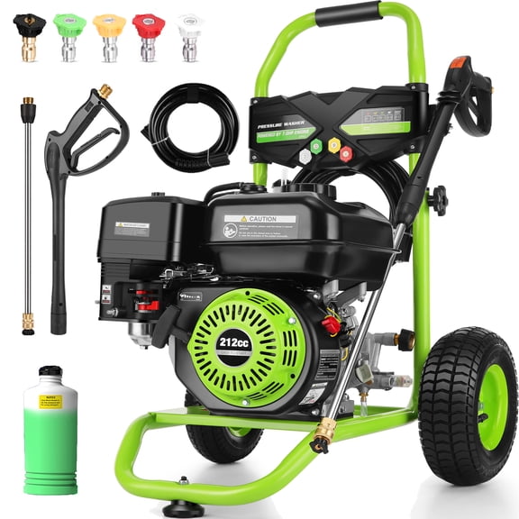 MAX 4200PSI Gas Pressure Washer, 3600RPM 4GPM 212CC 9" Wheel 25FT Hose 1L Foam Bottle 5 Tip Heavy-Duty Professional Gas Power Washer, 7.0HP Commercial Pressure Washer Gas Powered for Car Home, BGreen