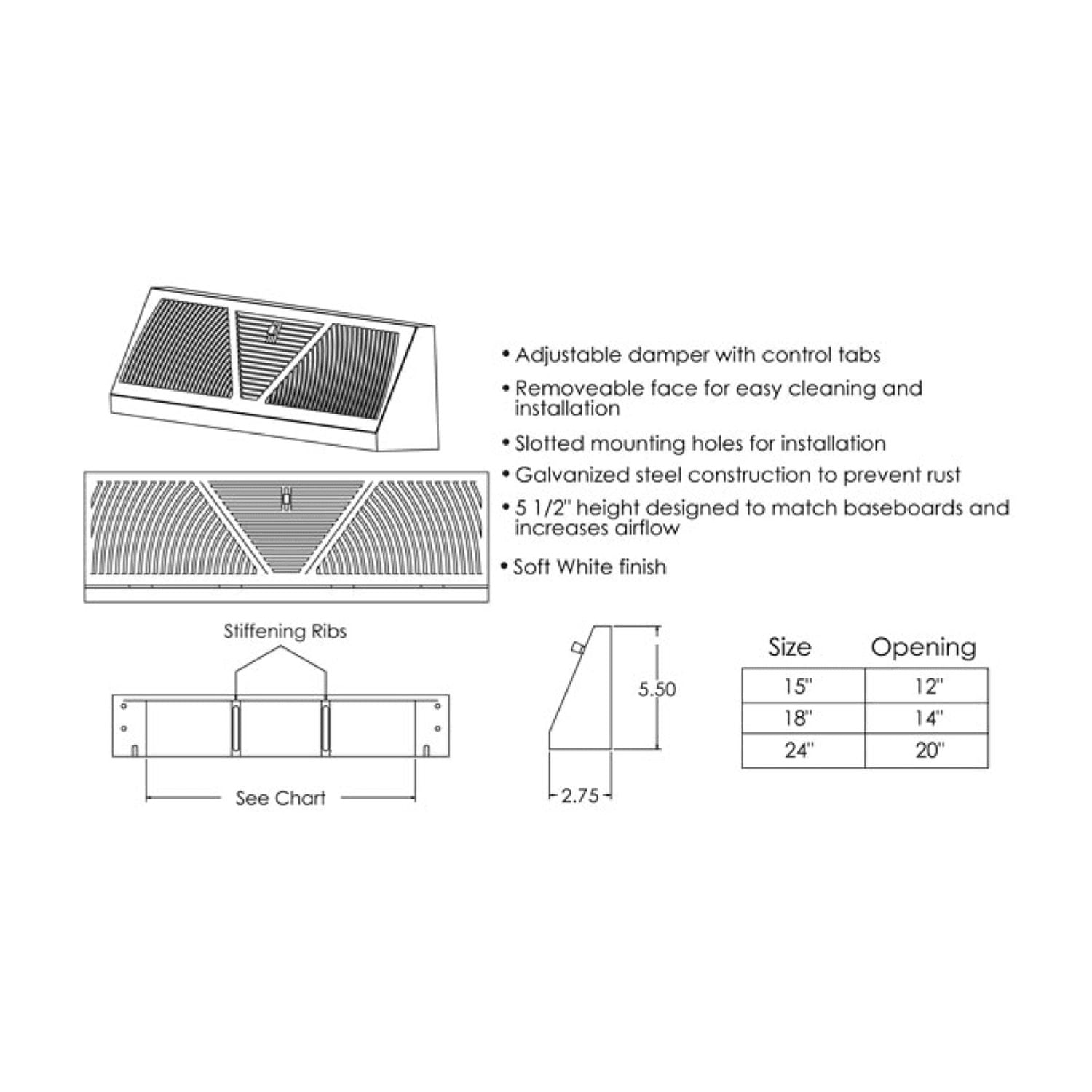 Shoemaker 875 White Baseboard Register Extended Height - 18" Length - 5.5" Height - 2 3/4" Base Projection