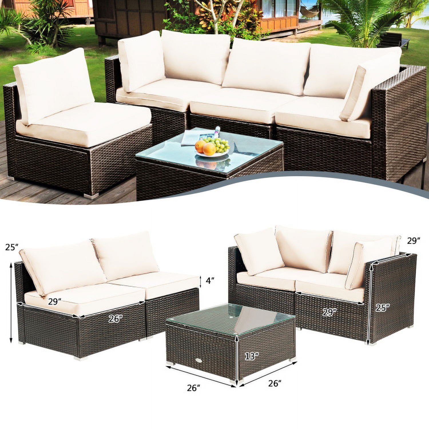 Aimee Lii 5 Pieces Cushioned Patio Rattan Furniture Set with Glass Table, Outdoor Patio Set, White