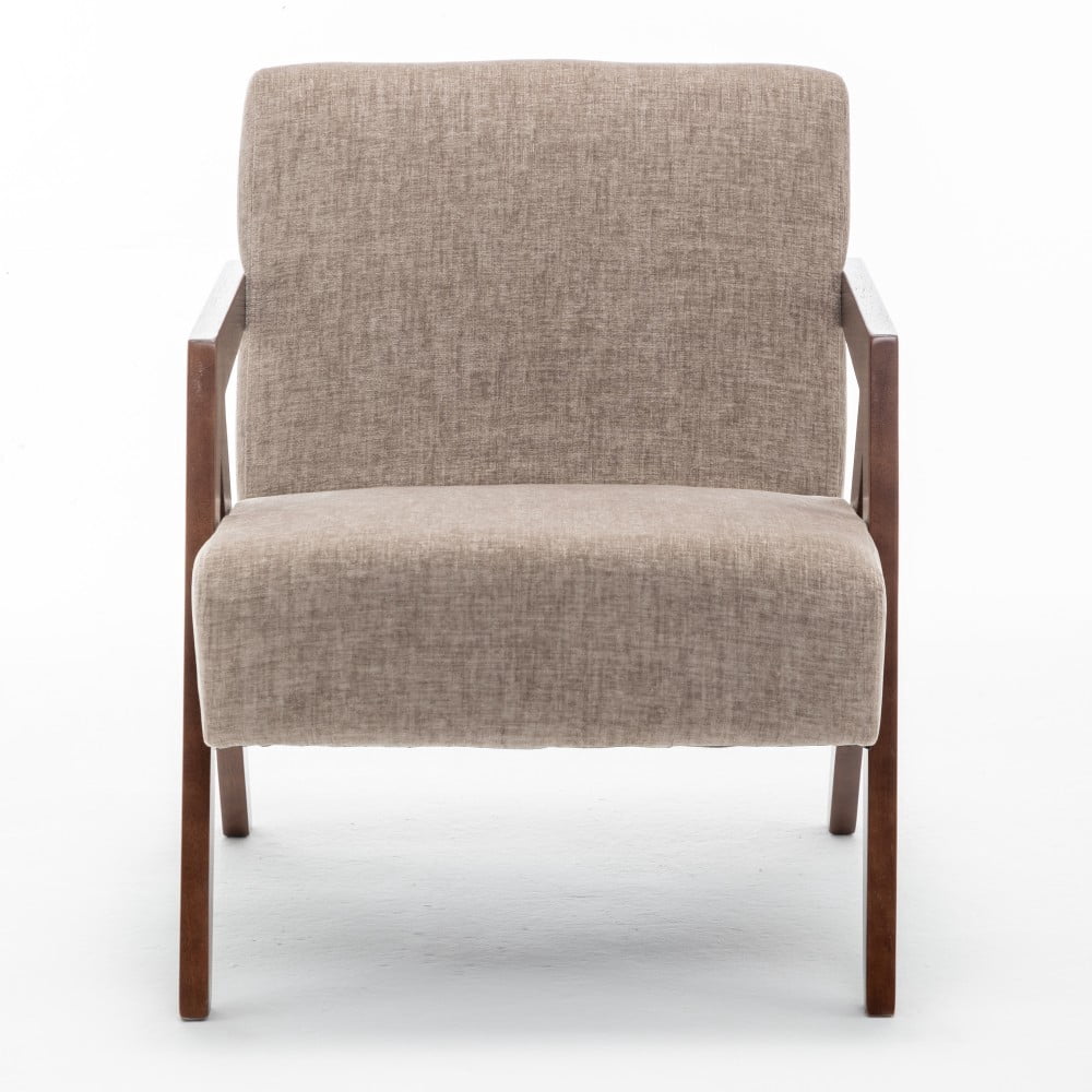 Mid Century Modern Accent Chair, Upholstered Reading Armchair with Rubber Wood Frame, Soft Fabric, Curved Arms for Living Room, Bedroom & Office, Light Coffee