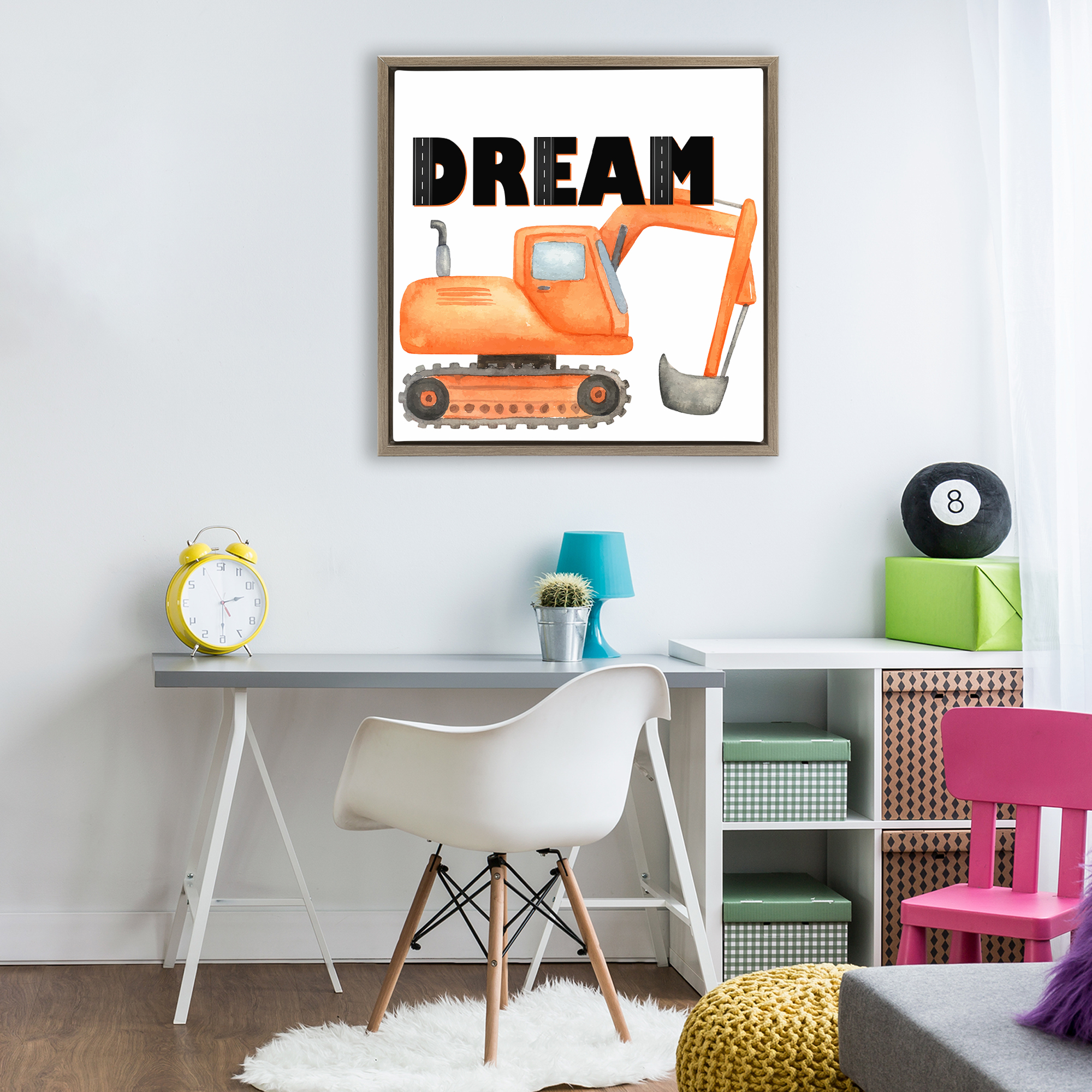 Dream with Orange Excavator Brown Framed Floater Canvas Wall Art, design by Kim Allen