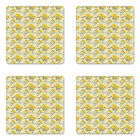 

Floral Coaster Set of 4 Romantic Yellow and White Flourishing Retro Roses with Blooming Petals Snowy Scenery Square Hardboard Gloss Coasters Standard Size Multicolor by Ambesonne