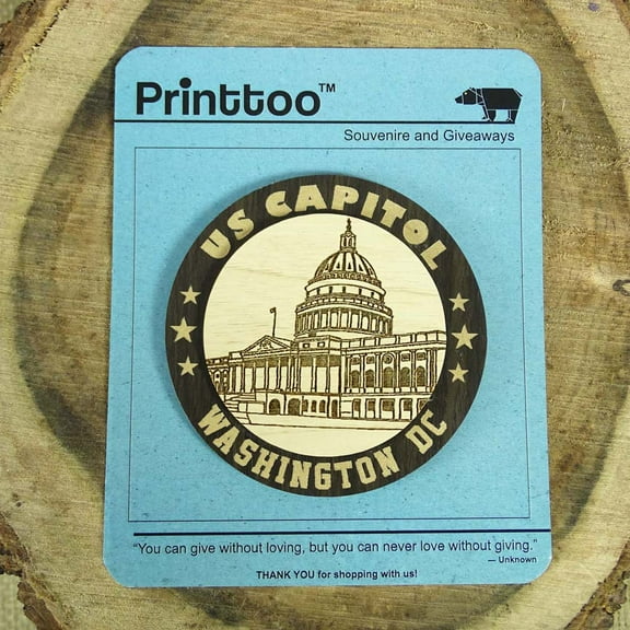 US Capitol Wood Engraved Round Fridge Magnet Souvenir Gift