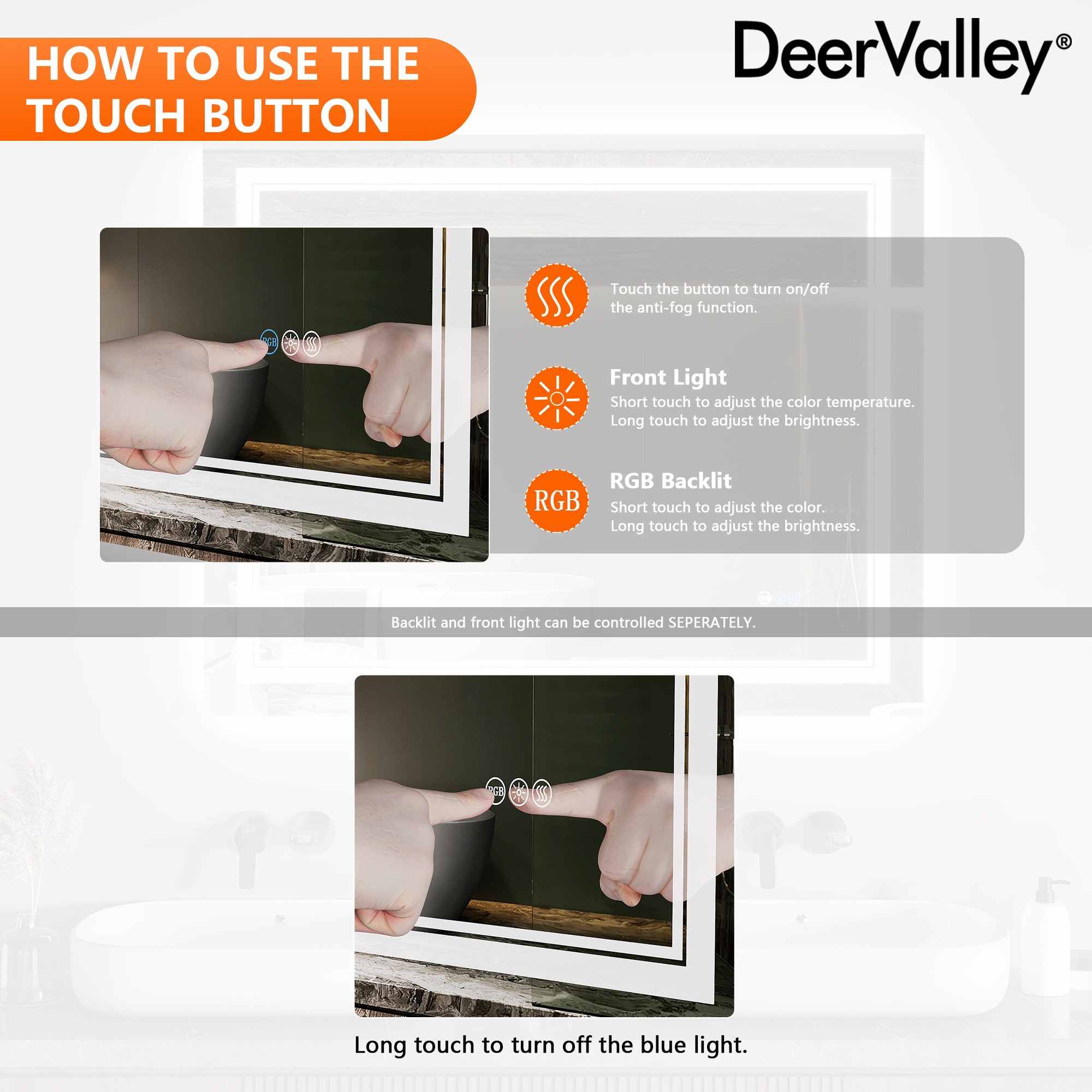 Deervalley 40"X 32" RGB LED Bathroom Mirror, Front Light And RGB Backlit Lighted Vanity Mirror