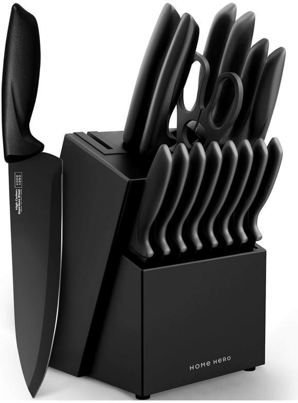 Home Hero 16 Pcs Kitchen Knife Set with Sharpener - High Carbon Stainless Steel Knife Block Set with Ergonomic Handles (16 Pcs - Black)