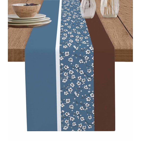 ERUNPONLY Blue Brown Flowers Table Runner - 72 Inch Long Classic Botanical Art Elegant Cotton and Linen Blended Dress Scarves Farmhouse Table Runner for Kitchen Dining, Coffee Table, 13"x72"