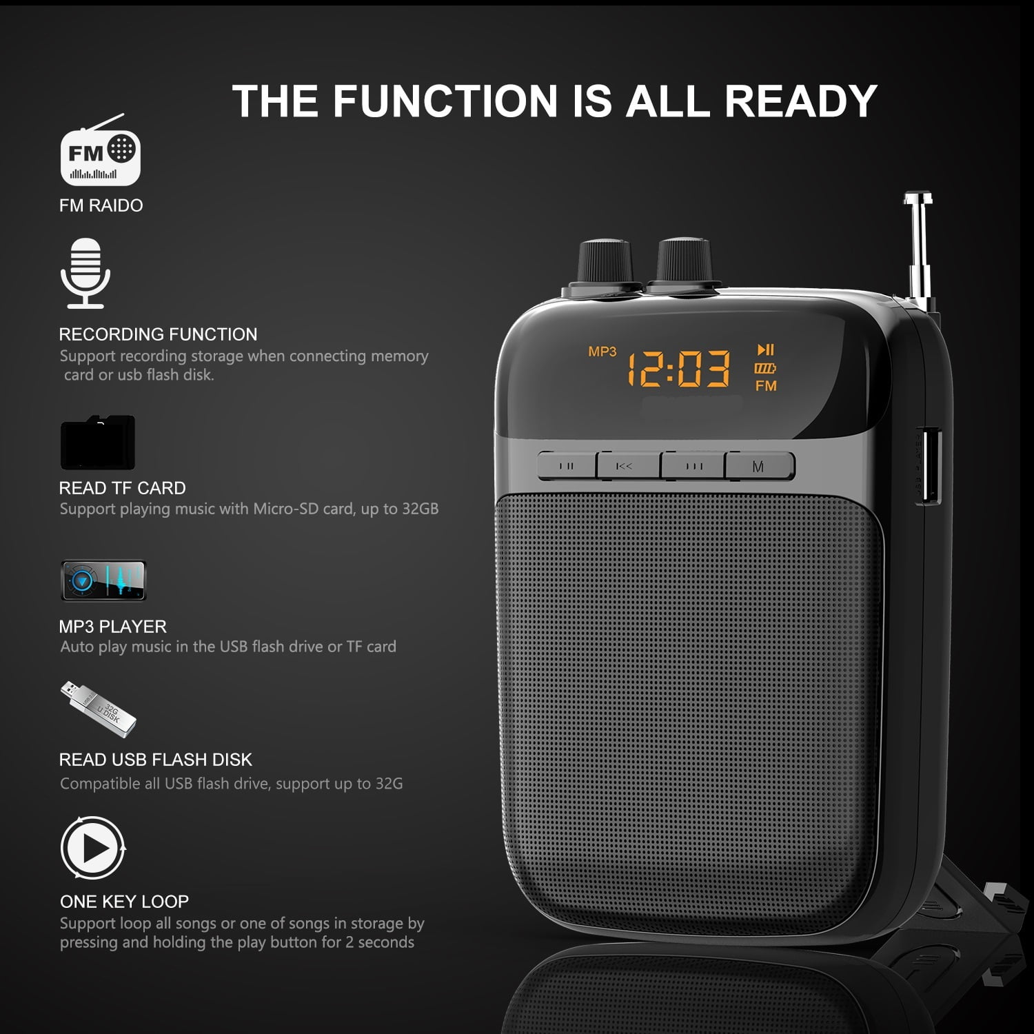 Portable 5W Educational Voice Amplifier FM Radio Recorder Bluetooth Megaphone Play Mp3 Player ,Crystal-Clear Sound