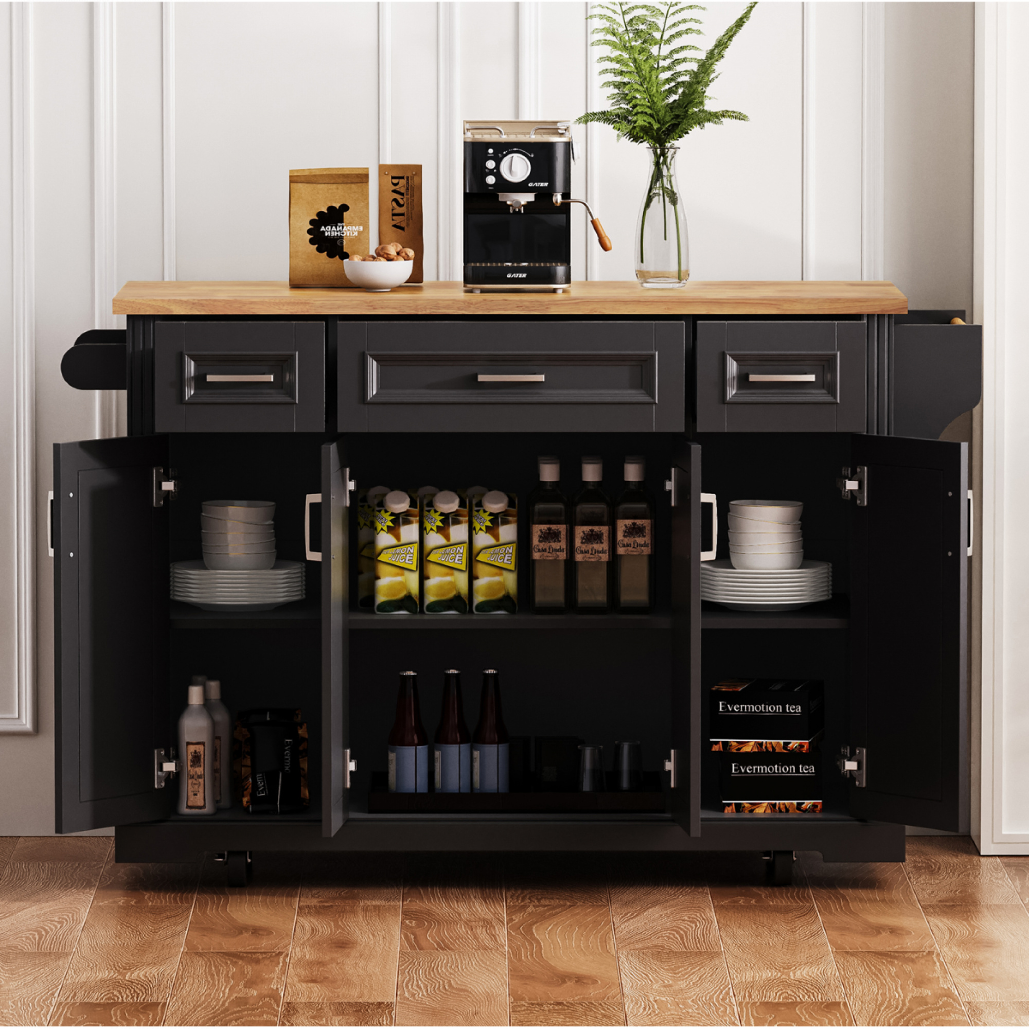 54 Inch Rolling Kitchen Island Cart - Rubber Wood Drop Leaf, Embossed Texture, 4 Doors 3 Drawers Storage for Kitchen Dining,Black