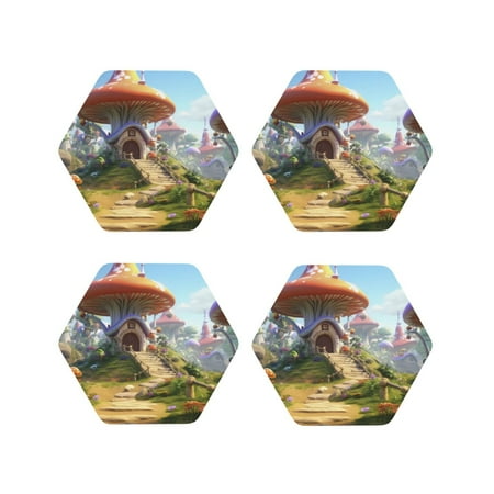 

Fuzoiu Cute Mushroom Town Print Leather Coasters Set Drink Coasters Set of 4 for Tabletop Protection Durable PVC Coasters Home Décor and Housewarming Gift-Hexagon