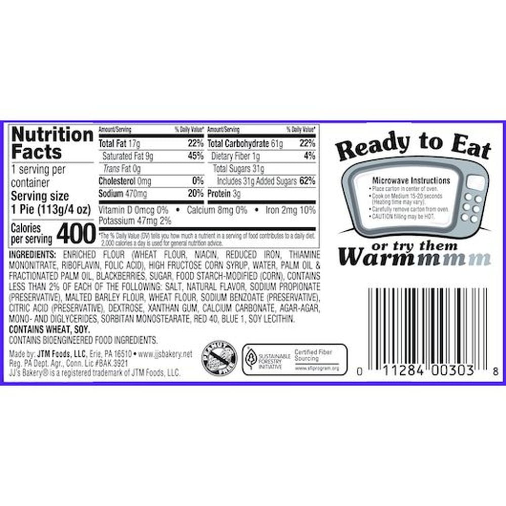 JJ's Bakery Blackberry Snack Pies, Individually Wrapped, Nut-Free, Kosher Parve, 4 oz, Case of 48