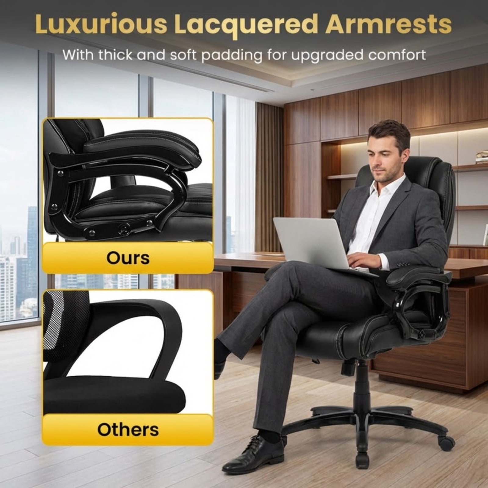 Furnibear Massage Office Chair High Back Big and Tall Executive Chair with Heat Lumbar Support Padded Armrests Ergonomic Computer Desk Chair, Black
