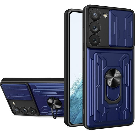 for Samsung Galaxy S23 Case Sliding Window Case with Card Holders, Cover with Slide Camera Protection Built-in Magnetic Kickstand Case for Samsung Galaxy S23 LJK Blue
