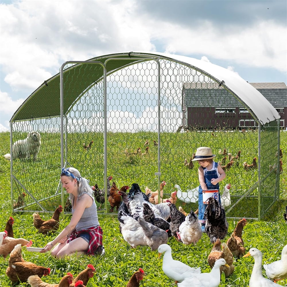 Large Metal Chicken Coop with Stiffener, Walk in Poultry Cage Chicken Run Pen with Waterproof Oxford Roof & PVC Hex Mesh Fencing for Chickens, Ducks, Rabbits, Quails
