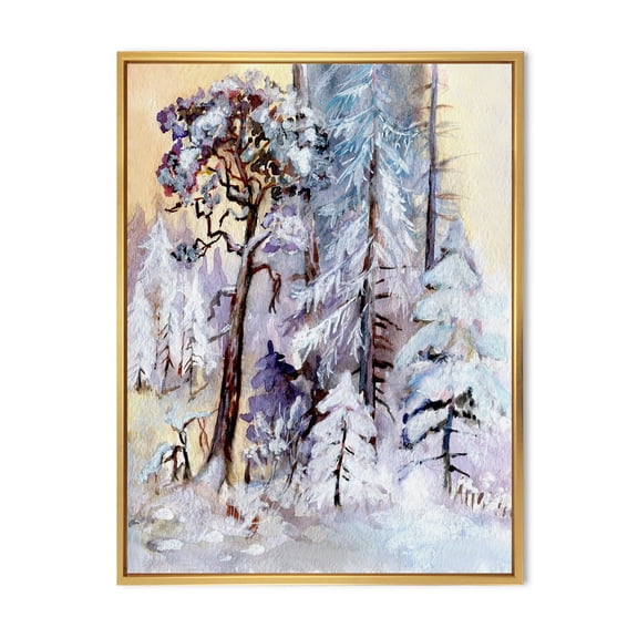 Designart 'The Lake With Winter Snowy Forest' Lake House Framed Canvas Wall Art Print