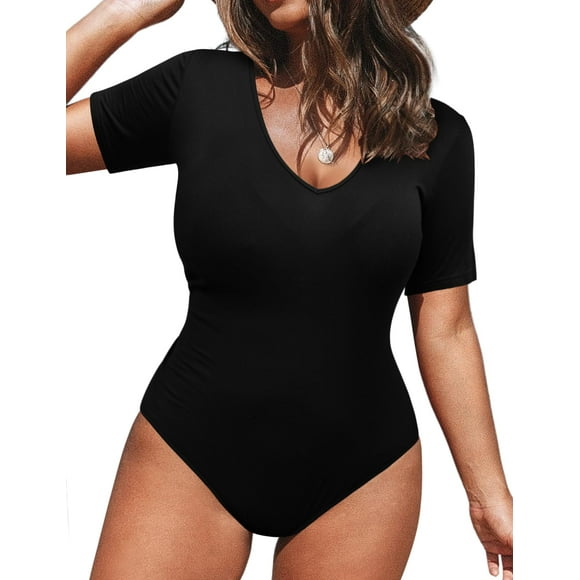 IN'VOLAND Women's Bodysuit Plus Size Short Sleeve Scoop Neck Bodysuit Basic Top T Shirt Leotards Jumpsuits
