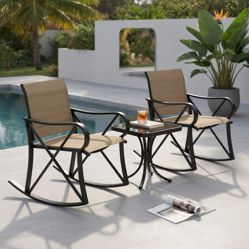 Hommoo 3-Piece Outdoor Rocking Patio Set, Metal Rocker Chairs with Tempered Glass Side Table, Ideal for Backyard, Porch & Balcony, Brown