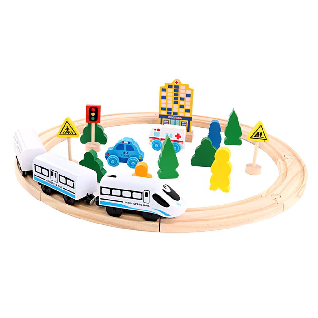 cusimax 26pcs Electric Train Track Set Batteryoperated Wood