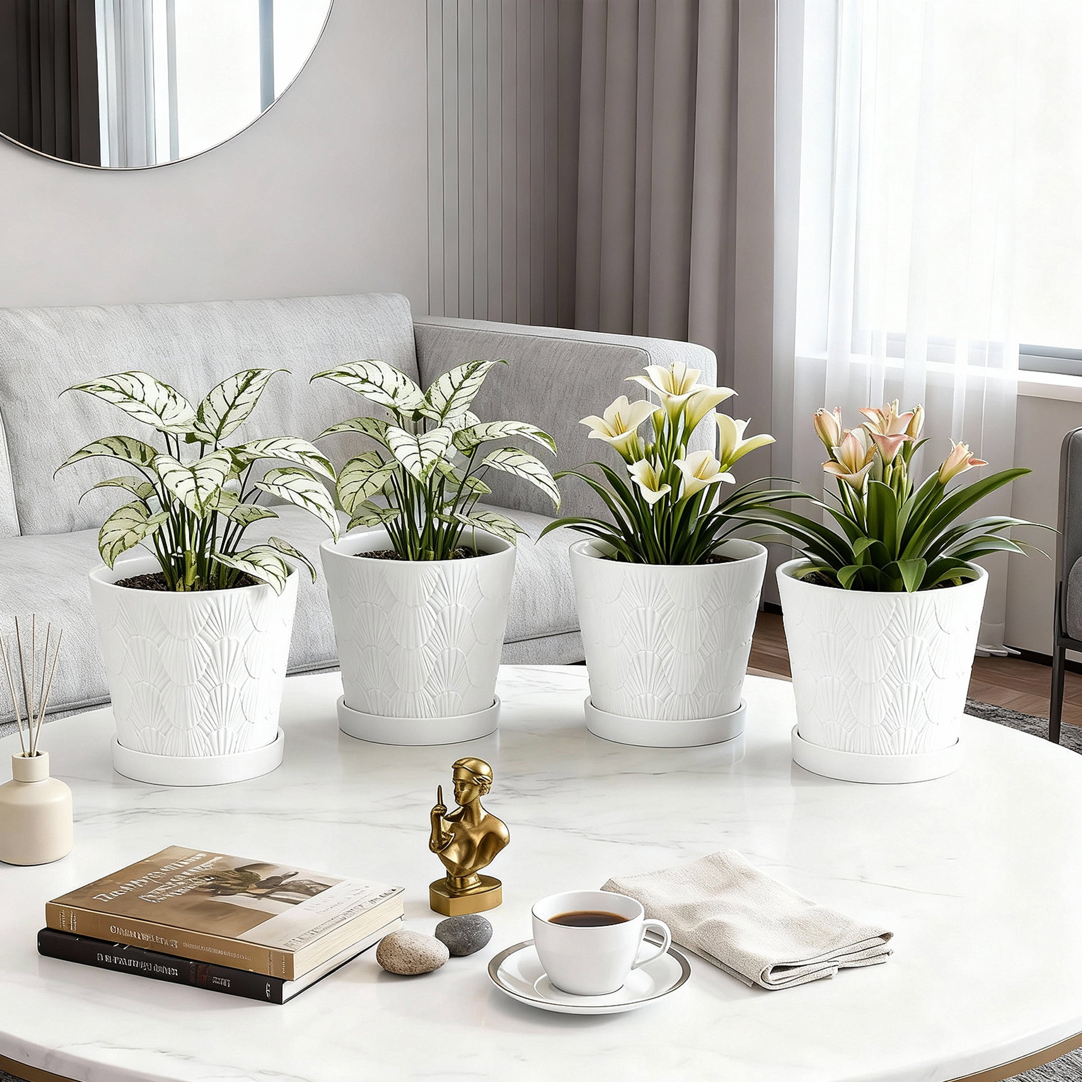 BUYMAX  Shell-Embossed 5" Ceramic Plant Pots with Drainage, White Indoor Flower Pots,Bathroom Decor,Set of 4