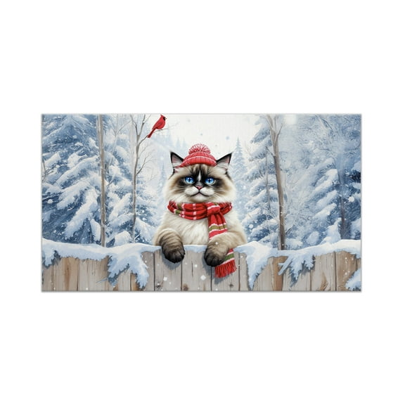 Playful Ragdoll Welcomes Winter Snowy Day with Cardinal Bird Doormat Cat Lover Kitten Owner Gifts Idea Indoor Outdoor Welcome Mat - 2017