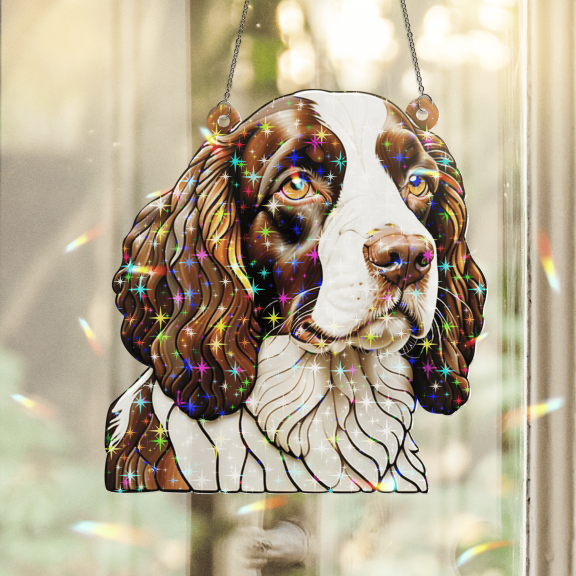 89Bloom English Springer Spaniel Stained Glass Hologram Ornament, Dog Stained Glass Suncatcher Ornaments Home Decor, Dog Holographic Ornaments