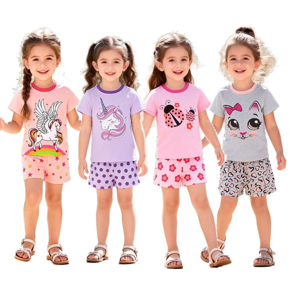 Bellafa Toddler Girls Clothes Kids Summer 2 Piece Outfits Short Sleeve Cute Cat Tops Shirt and Shorts Set 2-7 Years