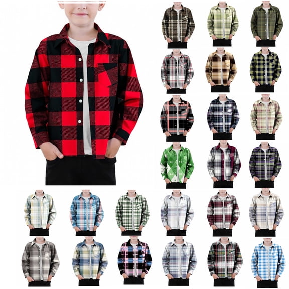 YHAJDS Kids Button Down Shirt Plaid Print with Pocket Down Neck Long Sleeve Casual School Wear