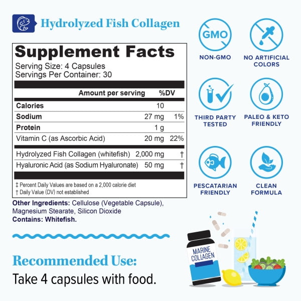 Marine Collagen Capsules Hyaluronic Acid & Vitamin C | Skin Elasticity, Hydration, Hair, Nail & Joint Support | Pescatarian-Friendly 30 Servings