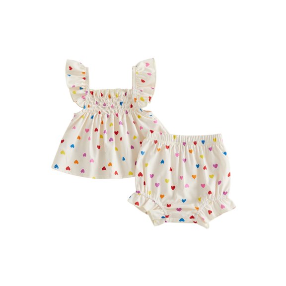 Cenuakty Toddler Baby Girls 2 Piece Outfits Adorable Heart Print Flying Sleeve Square Neck Tops and Shorts Set