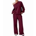thumbnail image 3 of Women'S 2 Piece Outfits Off the Shoulder Crop Top Wide Leg Sweatpants Matching Lounge Sets Wine Red XL, 3 of 8