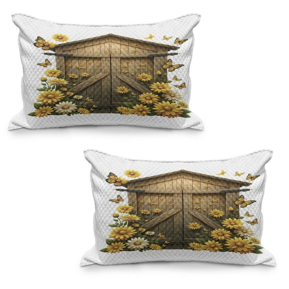 Ambesonne Rustic Quilted Pillowcover Set of 2, Barn Cottage Summer Flowers, 30" x 20", Earth Yellow and Cocoa