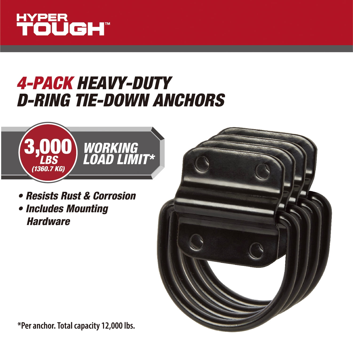 Hyper Tough Steel D-Rings Tie-Down Anchor with Screws and Bolts, 3,000 lb Working Load Limit, 4-Pack
