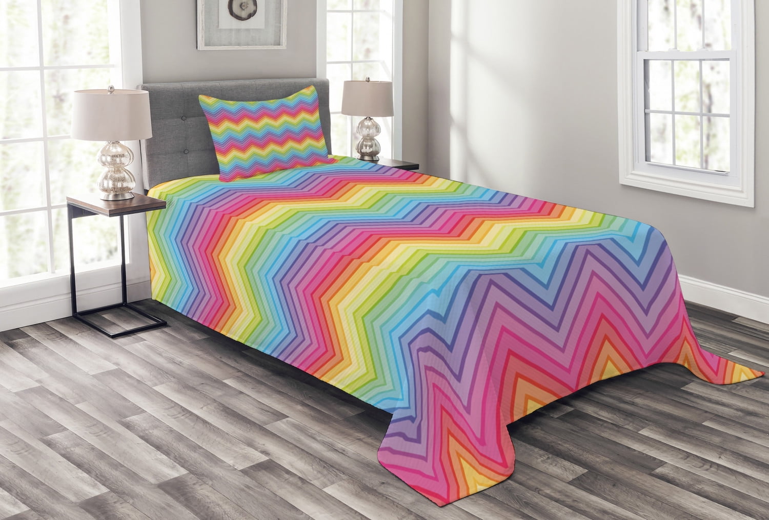 Rainbow Bedspread Set, Colorful Zig Zag Chevron Pattern Geometric
