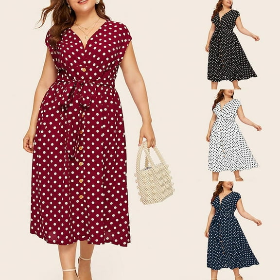 Jinhomg Loose Fit Dress for Women Plus Size Comfy Sleeveless V-Neck Maxi Dresses Cute Polka Dot Printed Button Tunic Dress Date Night Dresses Black XXL