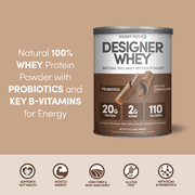 Designer Wellness, Designer Whey, Natural 100% Whey Protein Powder with Probiotics, Fiber, and Key B-Vitamins for Energy, Gluten-Free, Gourmet Chocolate, 12oz
