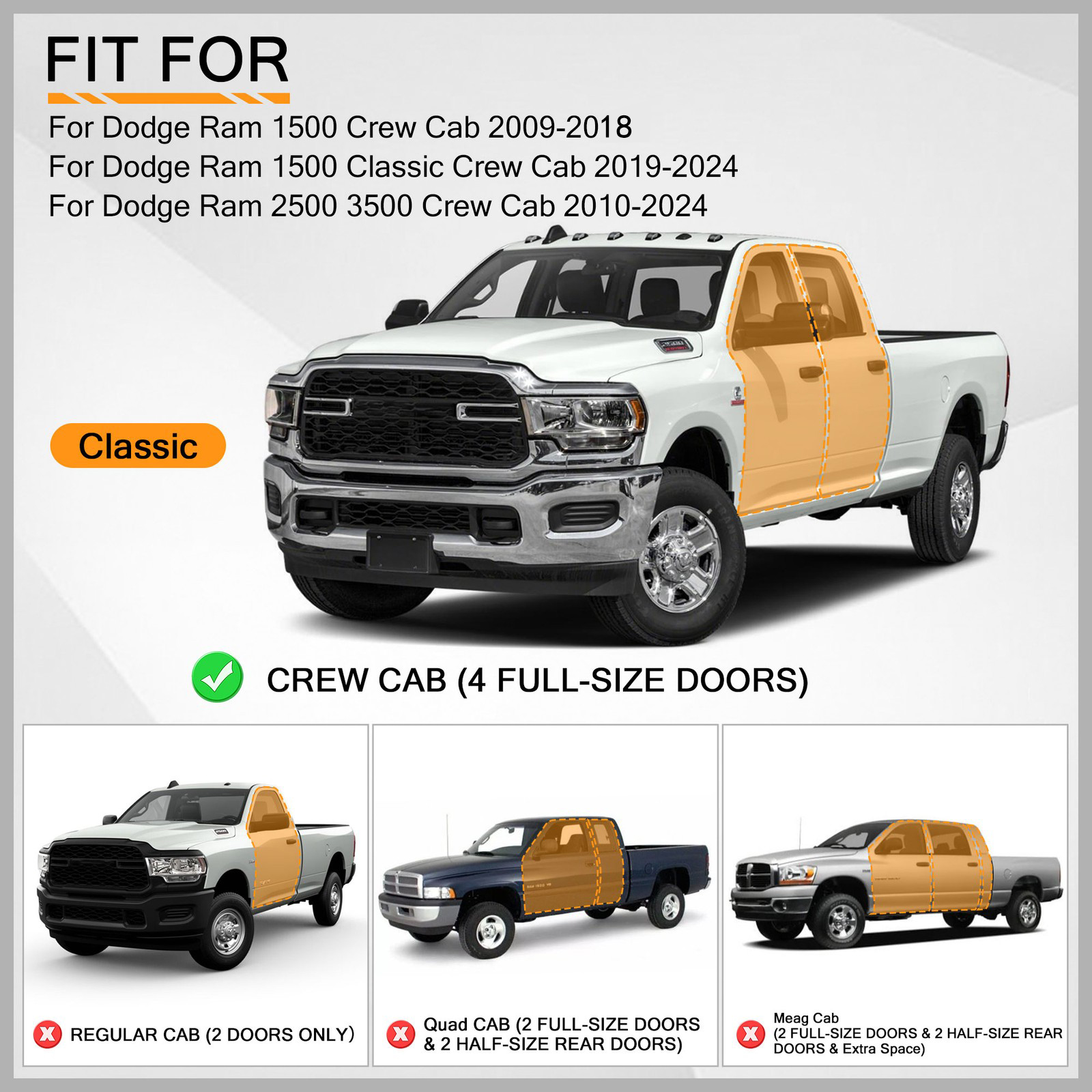 Vijay Running Boards Compatible with 2019-2020-2021-2022-2023-2024 Dodge Ram 1500 Classic Crew Cab Bolt-on Side Steps Rails Steel Nerf Bars