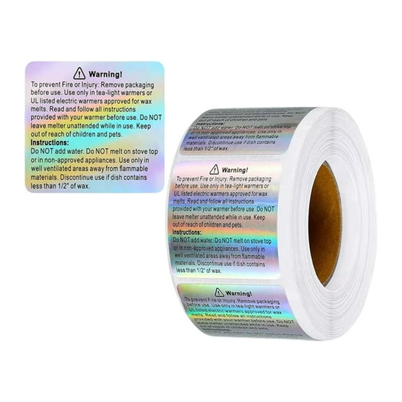 Silver Wax Melting Warning Labels 1.5x1.8Inch Self-Adhesive Holography Sticker