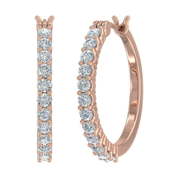 3/4 Carat Round White Diamond Ladies Huggies Hoop Earrings in 10K Rose Gold