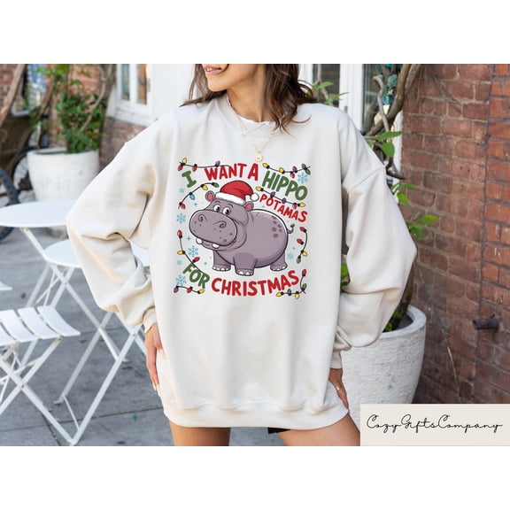 Hippo Christmas Sweatshirt | Cute Hippopotamus Holiday Graphic Crewneck