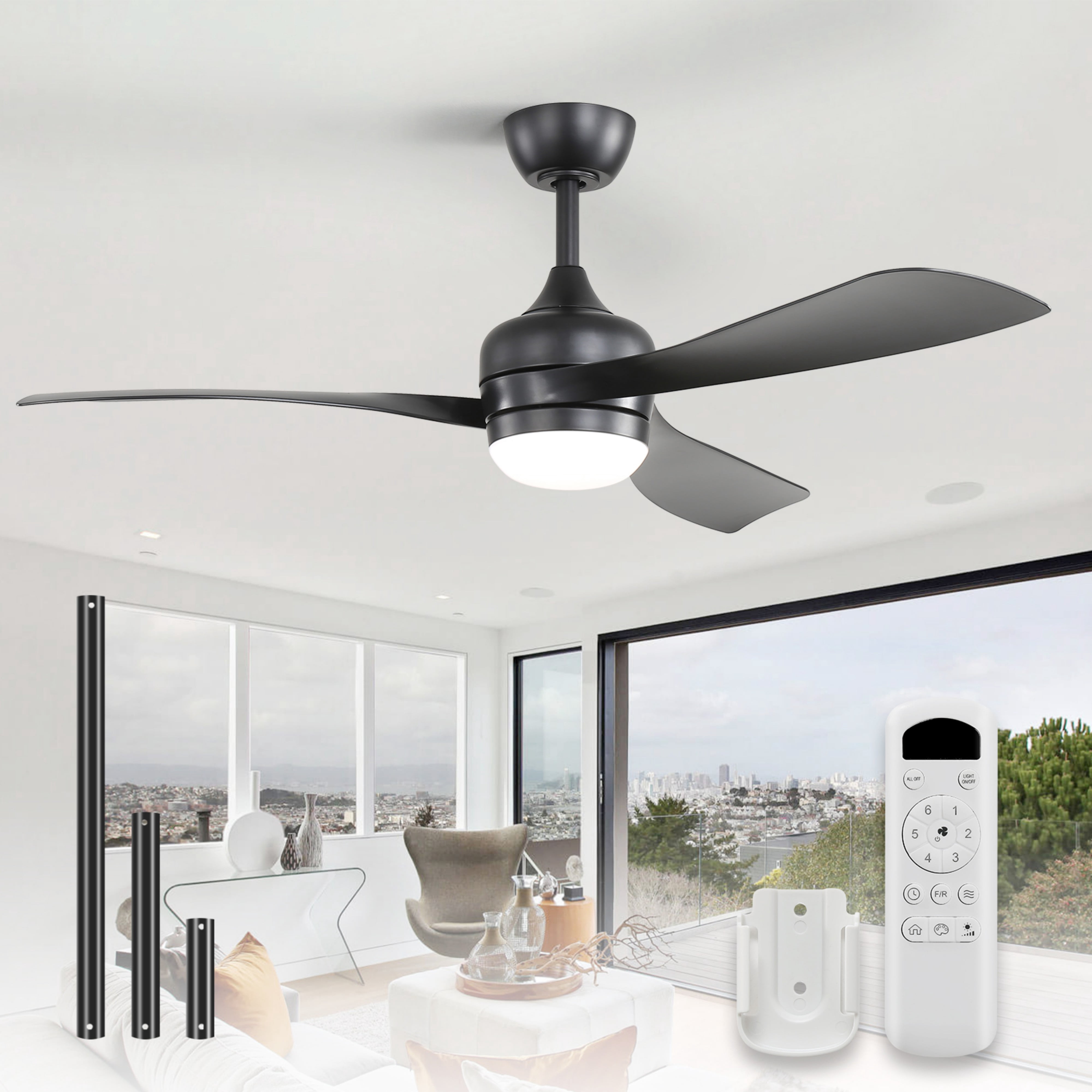 Sofucor 52" Ceiling Fan with Lights Remote Control, 3 Poles for Indoor Outdoor Ceiling Fan with Remote, Reversible Noiseless ETL Motor, 3 ABS Blades