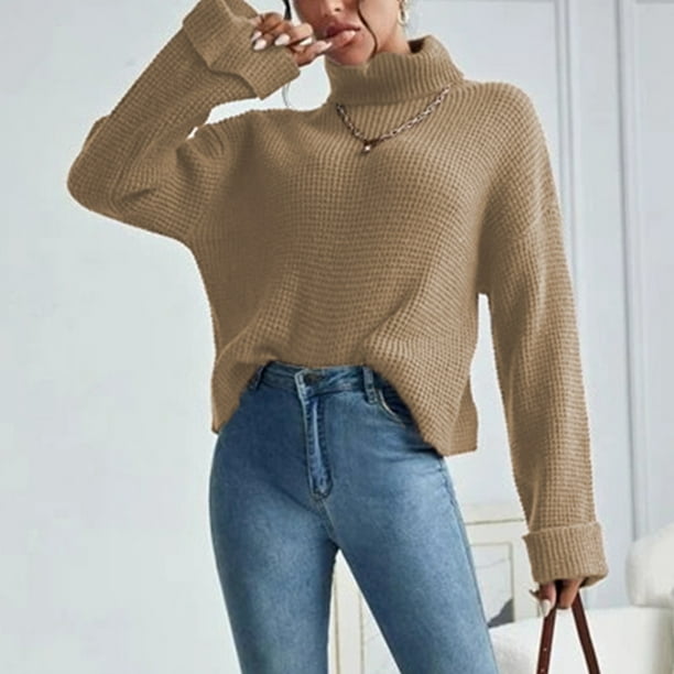 Gibobby Sueter de Cuello Alto para Mujer Sueter de Punto Trenzado para Mujer 2023 con Cuello Alto y Manga Larga para Exteriores Caqui XG Bodega Aurrera en linea