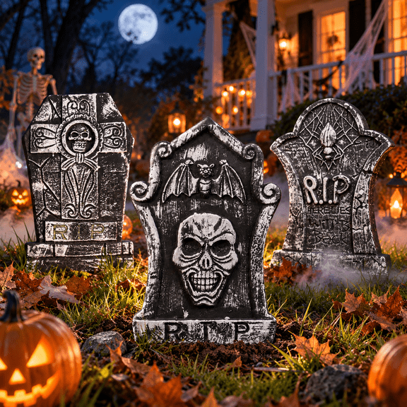 Gamexcel 3-Pack Halloween Foam Tombstones with Stakes, 12 x 17 in Graveyard Headstones for Indoor Outdoor Yard Decor, Gray