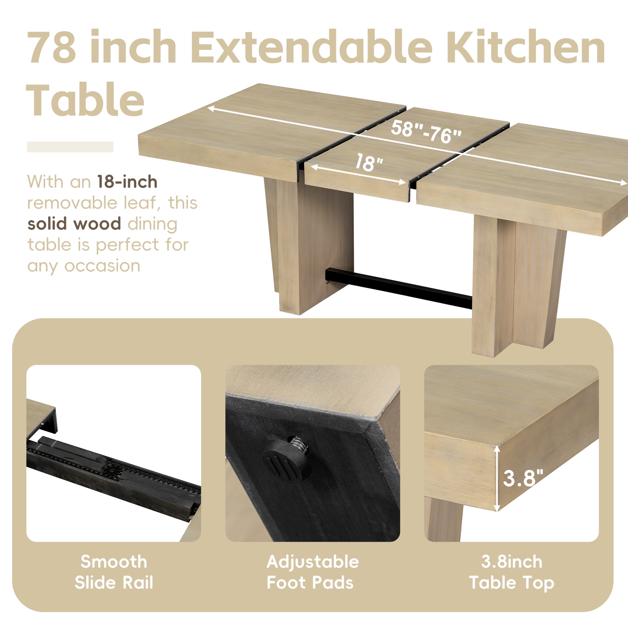 6 Piece Dining Table Set for 6, 58"-76" Extendable Dining Table with Bench and 4 Upholstered Chairs