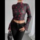thumbnail image 4 of Camiseta de Larga con Estampado Floral Transparente Y2K, Cuello Redondo, Mangas Acampanadas y para Mujer Negro XXL, 4 of 10