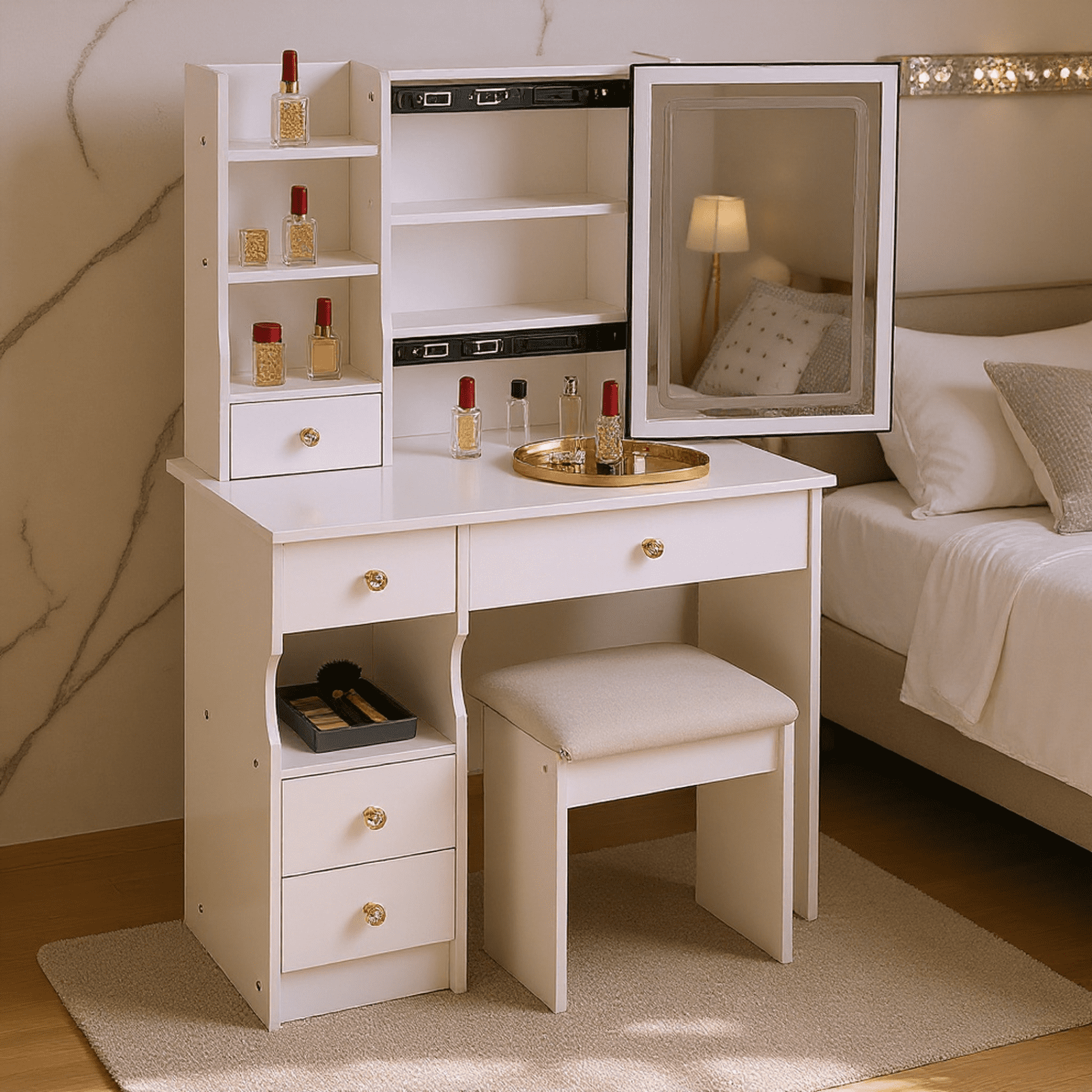 Homy Casa Vanity Desk with LED Lighted Mirror, Makeup Vanity Table with Drawers, Shelves, and Stool