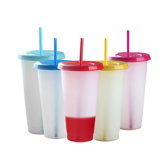 Tazas de agua de 5 piezas, taza que cambia de color de plástico con tapas de paja, tazas de café reutilizables para bebidas frías tholdsy HA003535-00